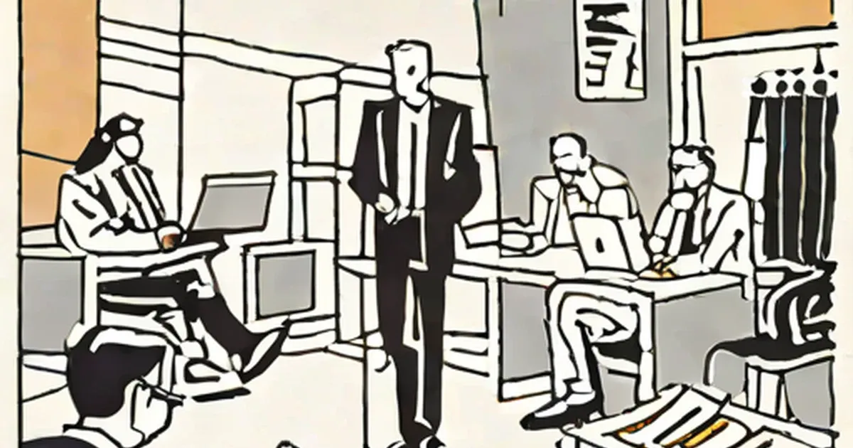 Office environment with seated workers at laptops and central standing figure