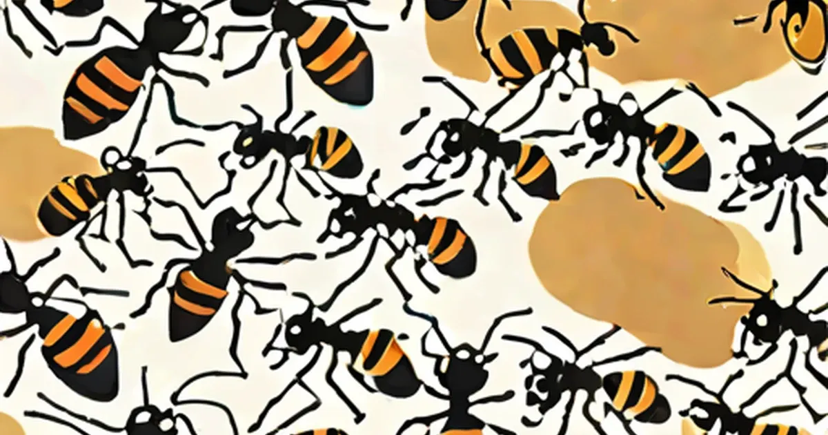 Illustrated ants with orange-striped abdomens and golden food blobs on cream