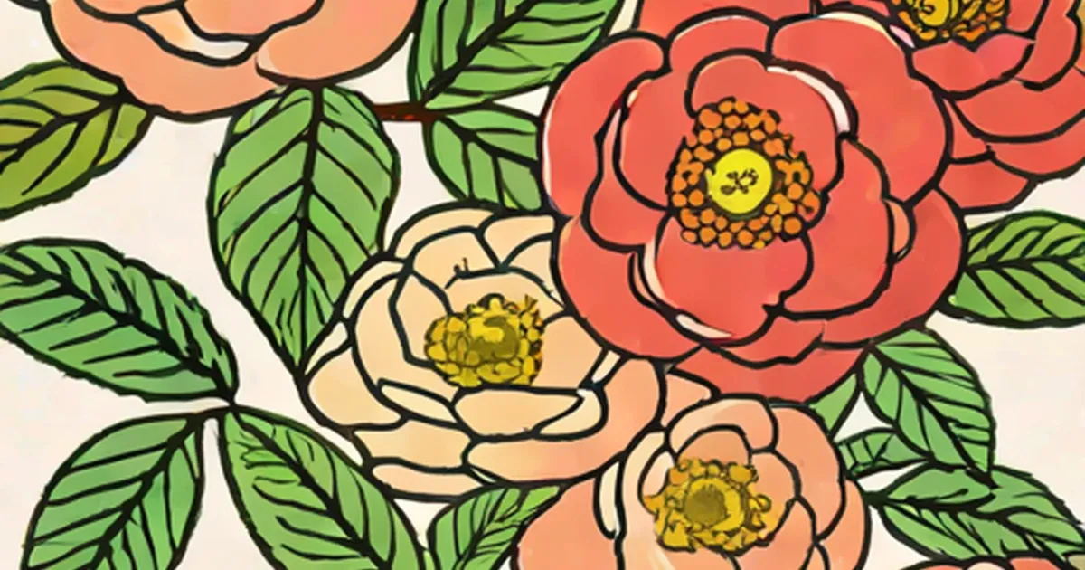 Stylized camellias in red, cream, and peach with green leaves and yellow centers