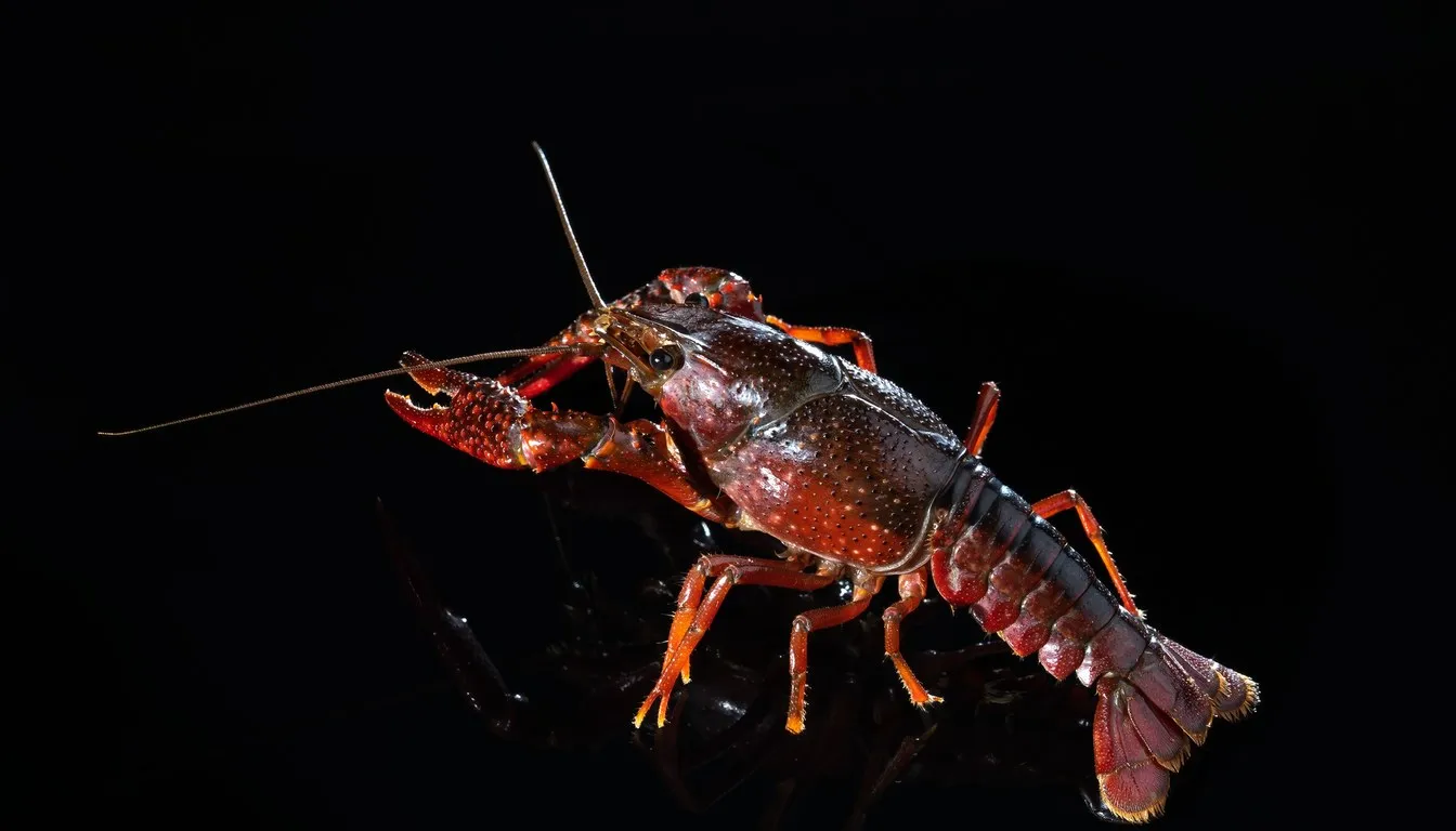A red crayfish on a dark surface