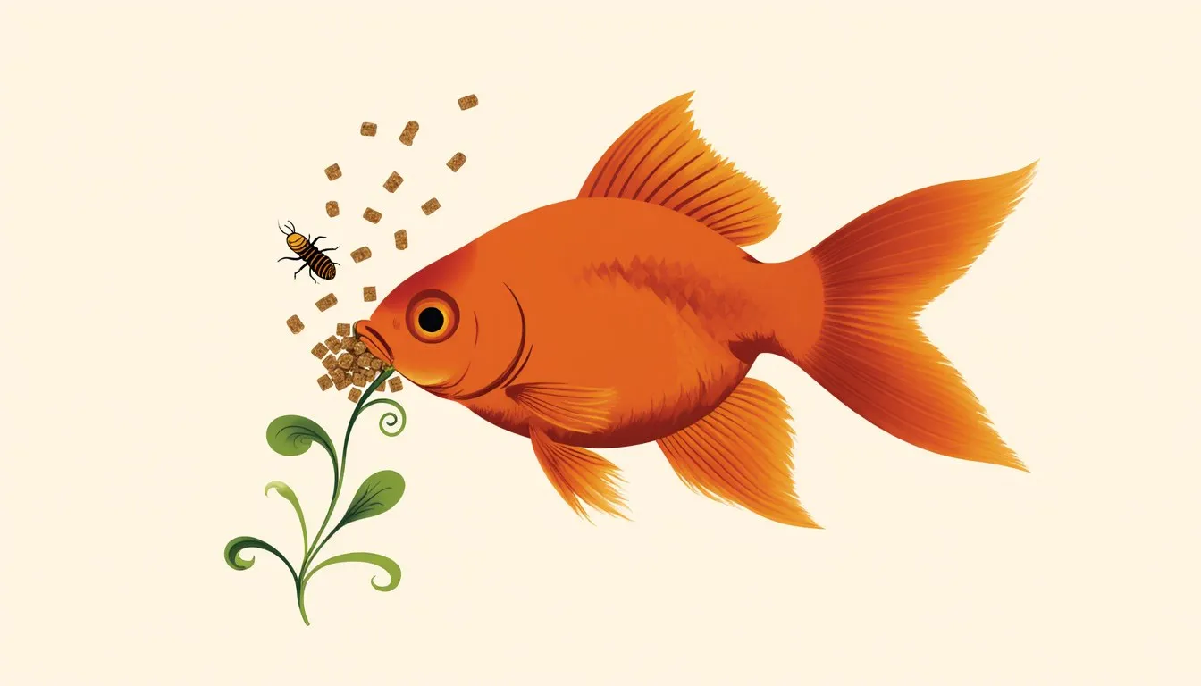 A goldfish swimming near pondweed, a larva, and flakes of food, the varied diet it eats