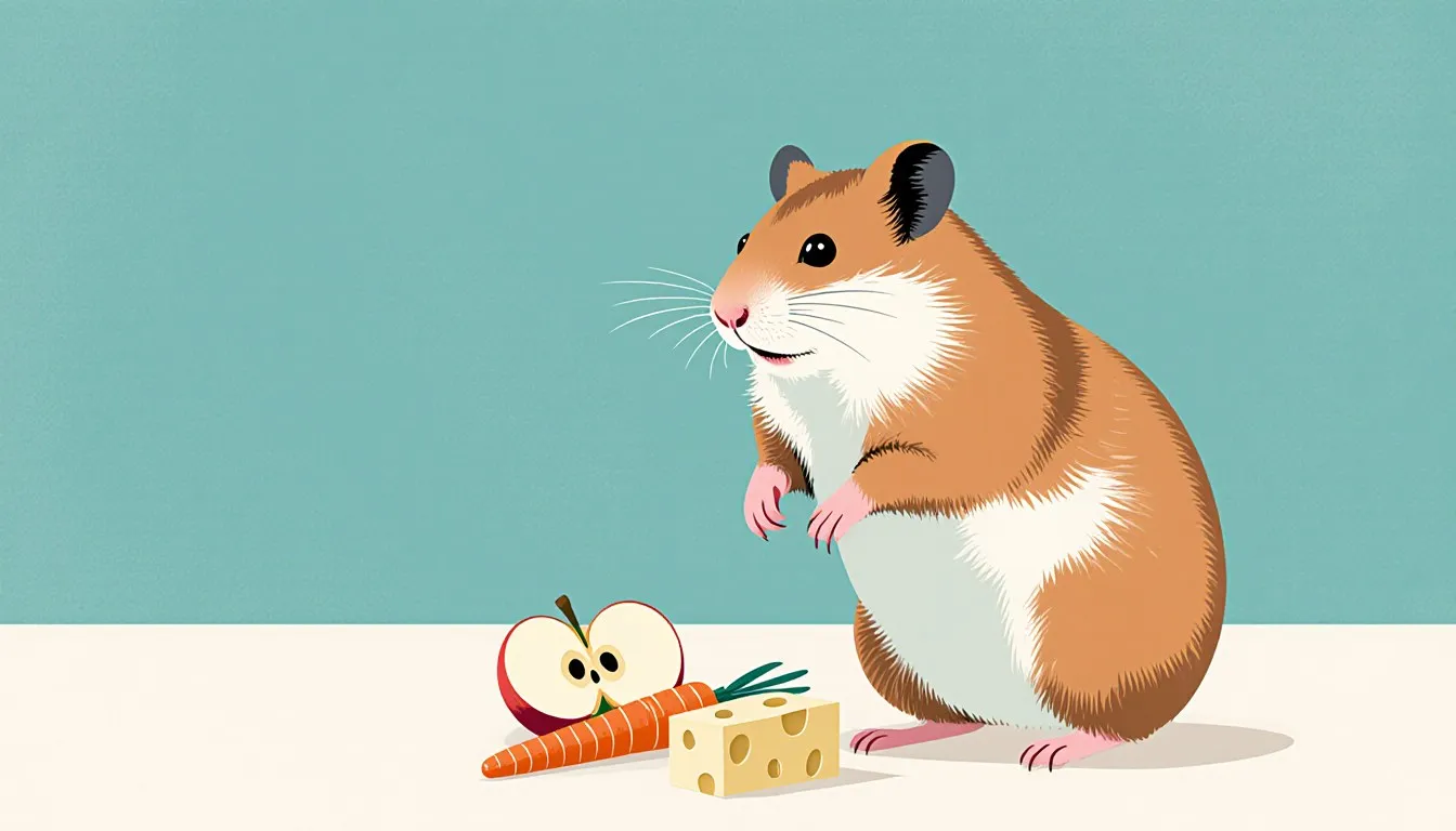 A hamster with full cheek pouches sits beside a slice of apple, a piece of carrot, and a small cube of cheese.