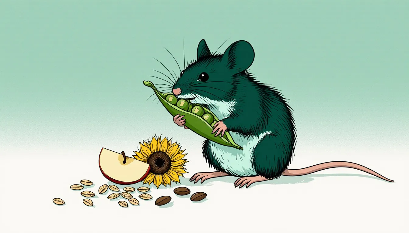 Illustrated pet mouse nibbling a pea pod beside oats, a sunflower seed, and an apple wedge