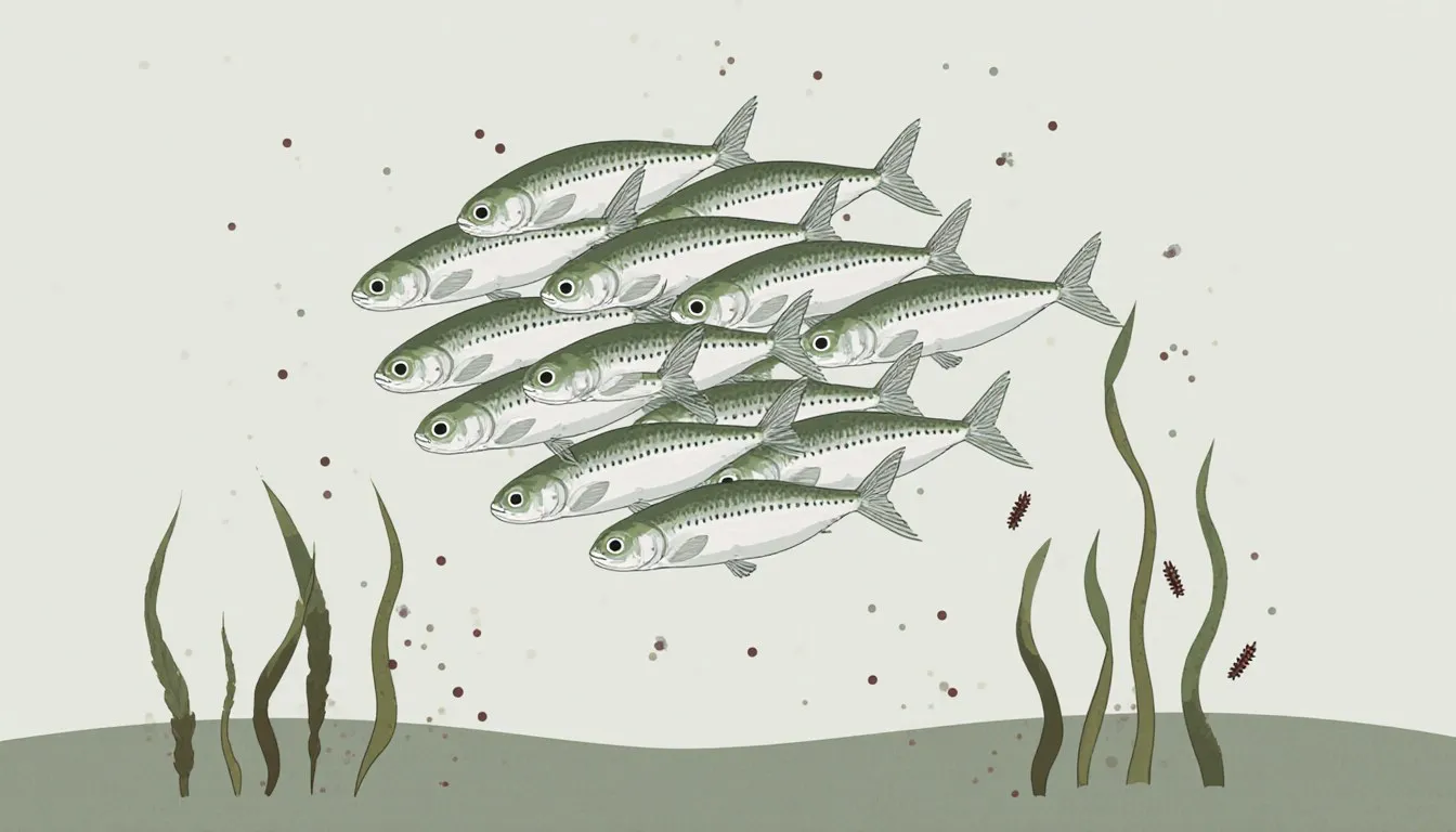 A school of small silvery minnows swimming among freshwater weeds and tiny drifting food particles