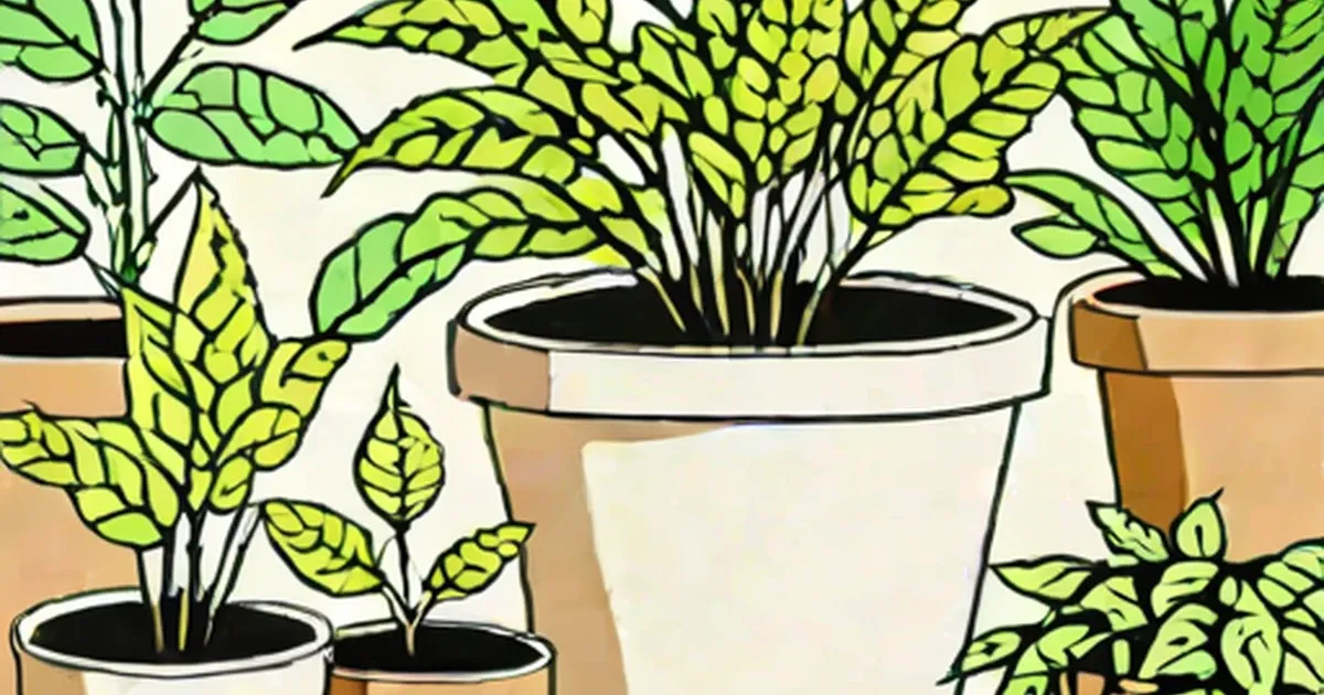 Potted houseplants with bright green and yellow foliage in terra cotta and white pots
