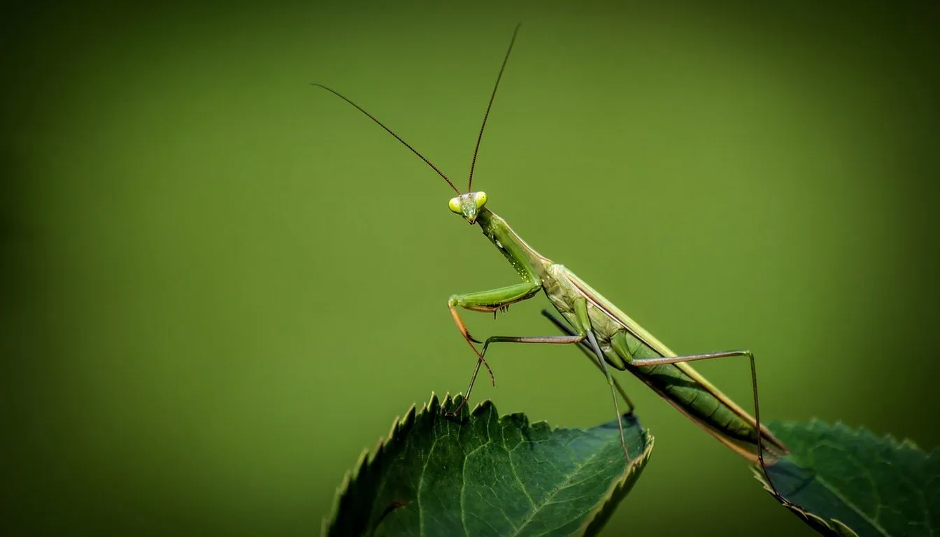 A green praying mantis perched on a leaf