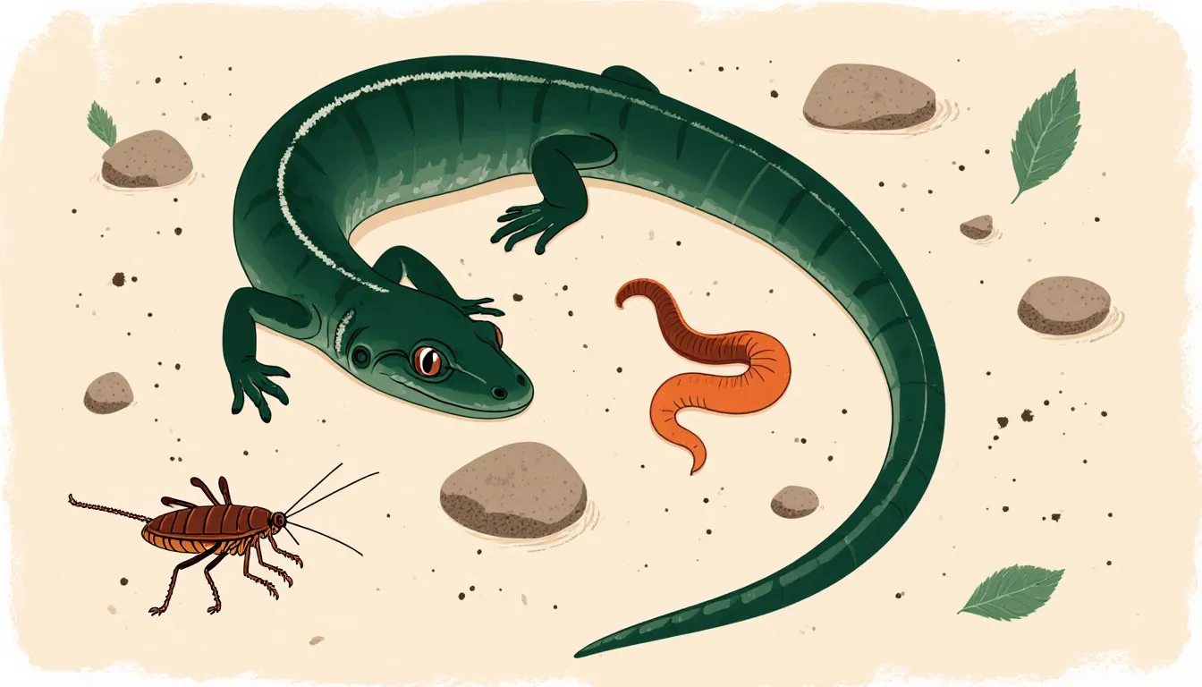 Illustration of a pet salamander beside a cricket and earthworm, its natural food, on a terrarium floor