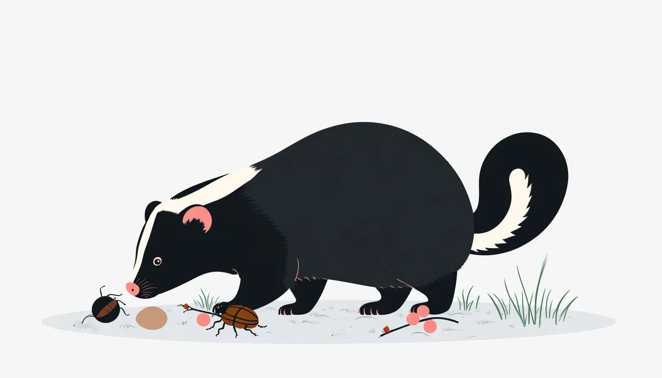A skunk foraging on the ground beside a beetle, an egg, and a cluster of berries