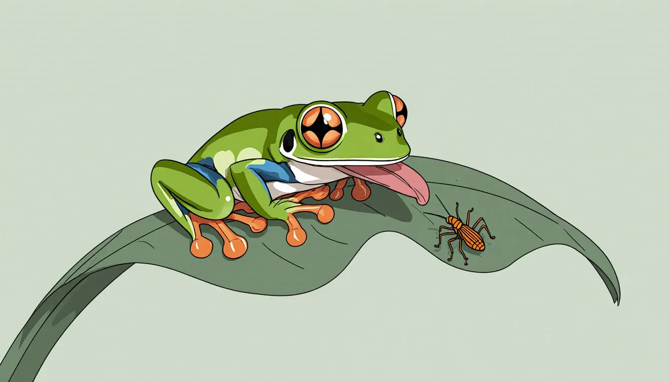 A green tree frog on a leaf extends its tongue toward a cricket, illustrating a tree frog's insect diet