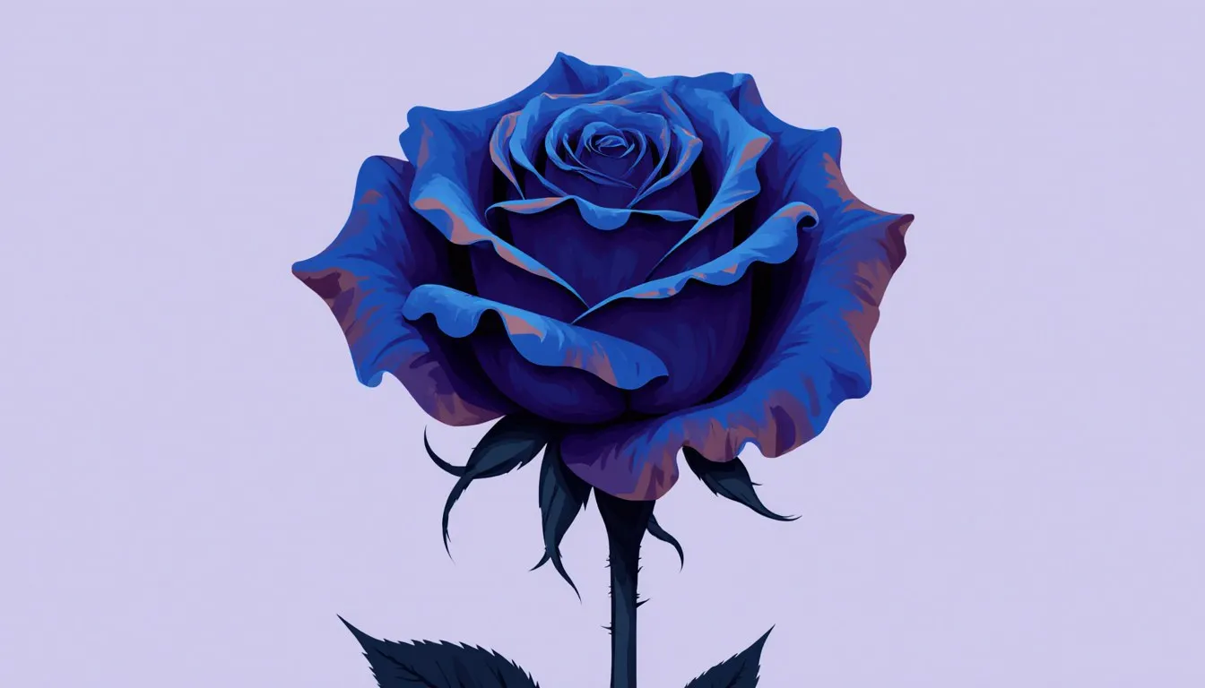 A single rose with deep blue petals, illustrated alone against a plain background