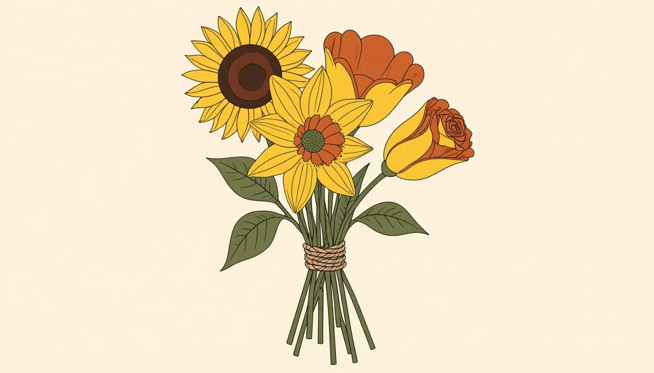 A hand-tied bouquet of a yellow sunflower and daffodil with an orange tulip and rose, bound with twine