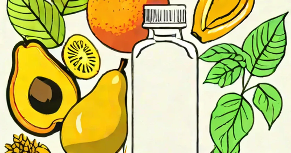 Avocado, banana, orange, kiwi, and leafy greens arranged around a white bottle