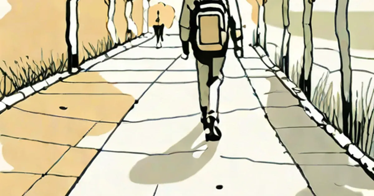 Person with backpack walking on tree-lined sidewalk with other pedestrians ahead