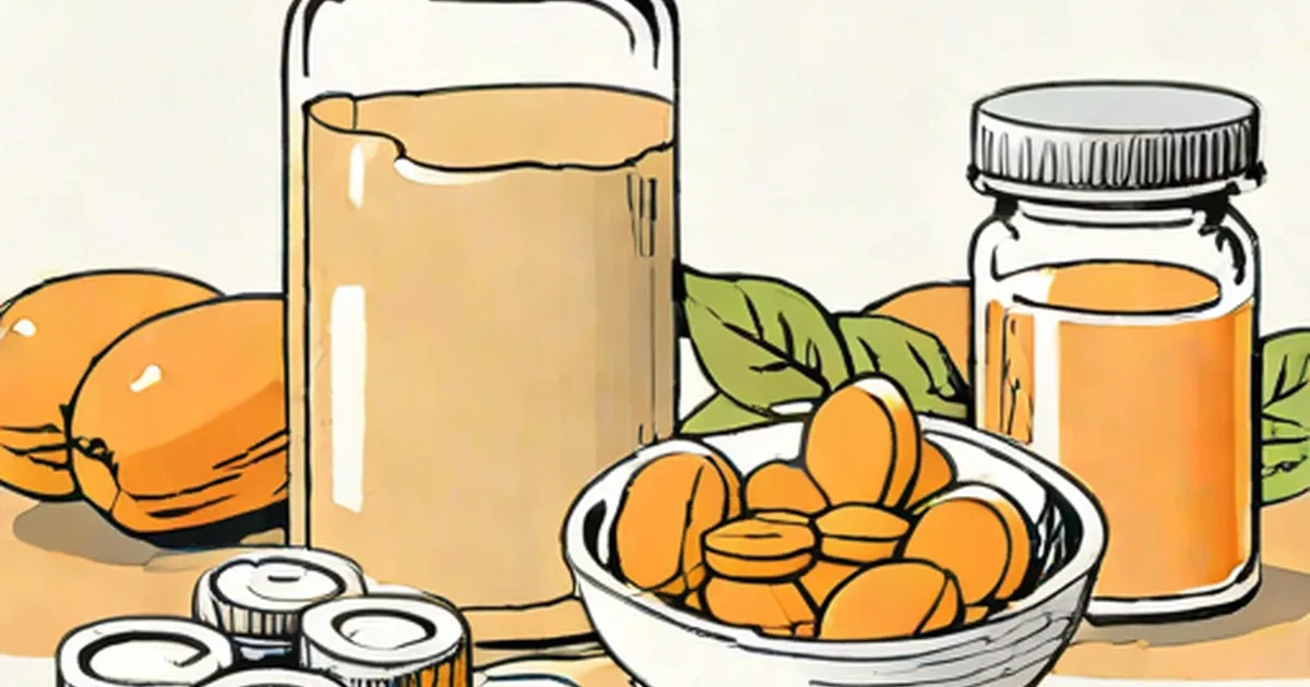 Supplement bottles, orange pills, juice, and citrus fruits
