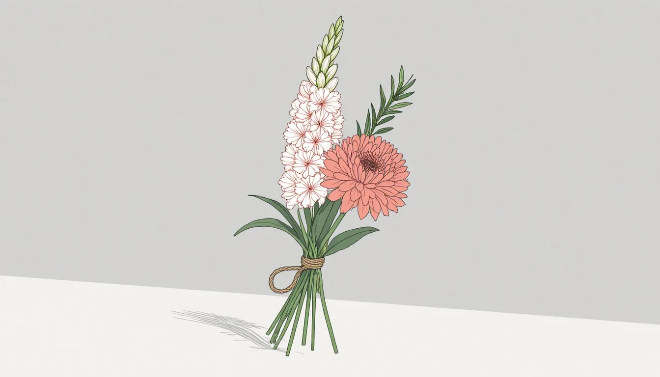 A simple bouquet of gladiolus, chrysanthemum, and rosemary, flowers long associated with healing and comfort