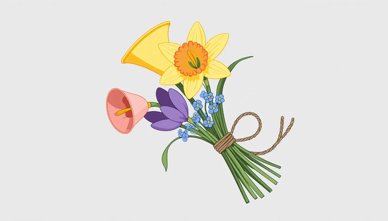 A small hand-tied bouquet of daffodils, crocuses, and forget-me-nots, flowers long associated with hope