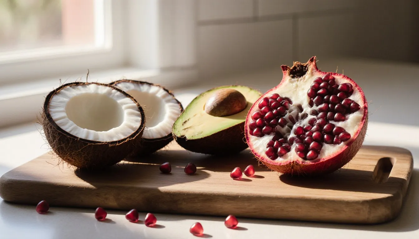 A halved coconut, avocado, and cut pomegranate arranged together on a wooden board