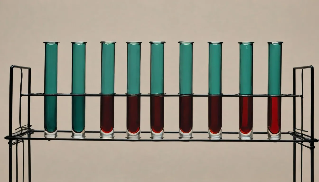 Blood-collection test tubes with colored stoppers standing in a rack, filled with settled dark-red blood.