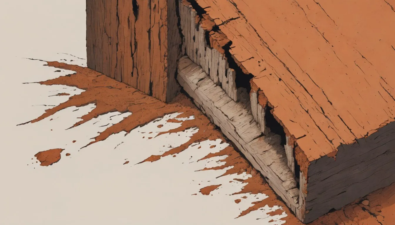 Timber beam showing cuboidal cracking, grey fungal growth, and rust-orange spore dust from dry rot