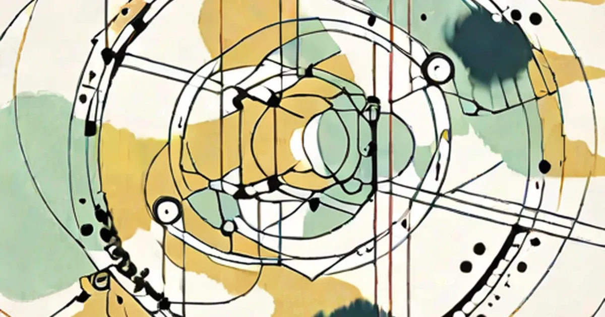 Stylized diagram of a gyroscope with concentric rings and pivot points