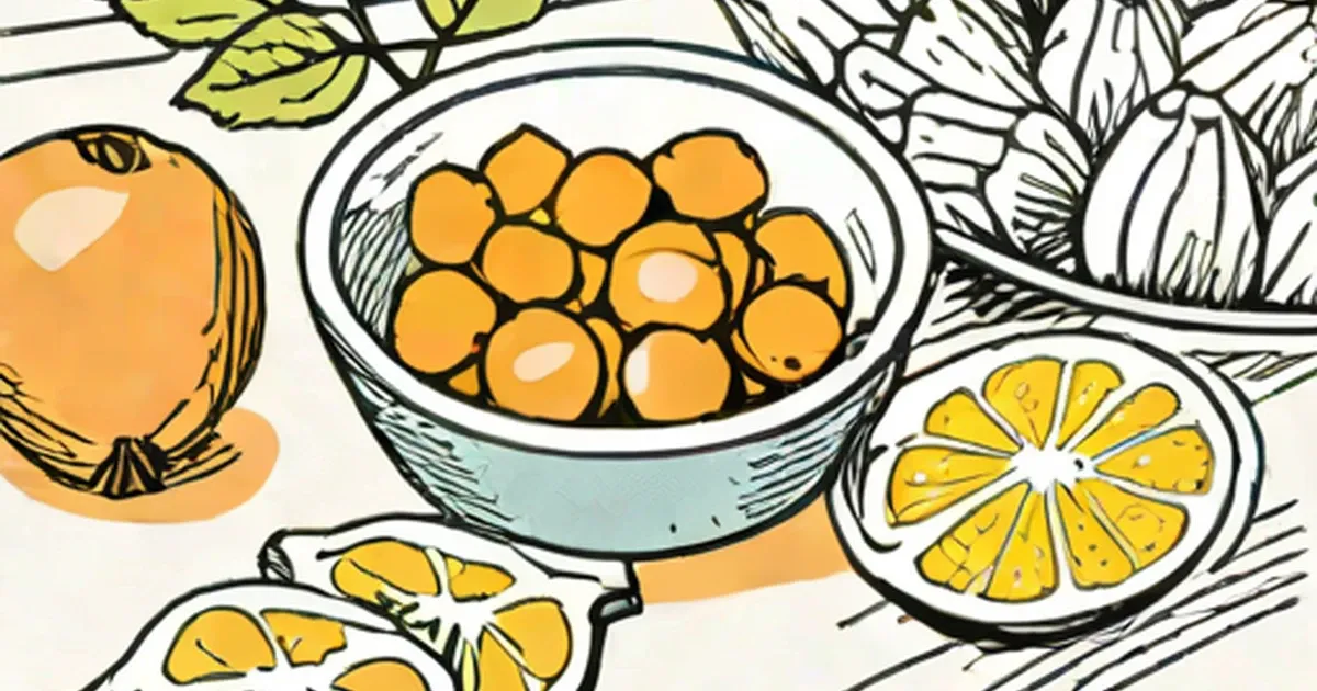 Pale hominy kernels in a bowl with corn, lemon, and lime illustrations
