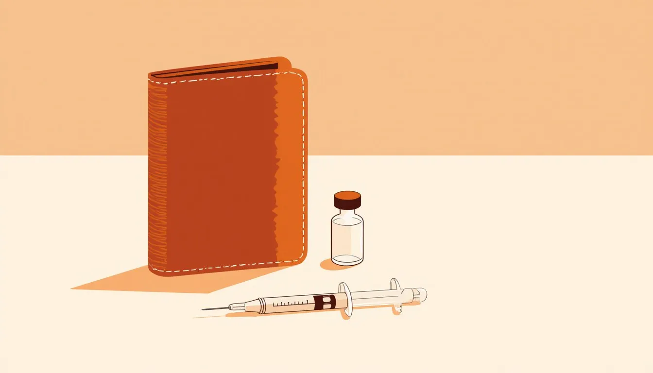 A pet passport booklet beside a microchip injector and vaccine vial