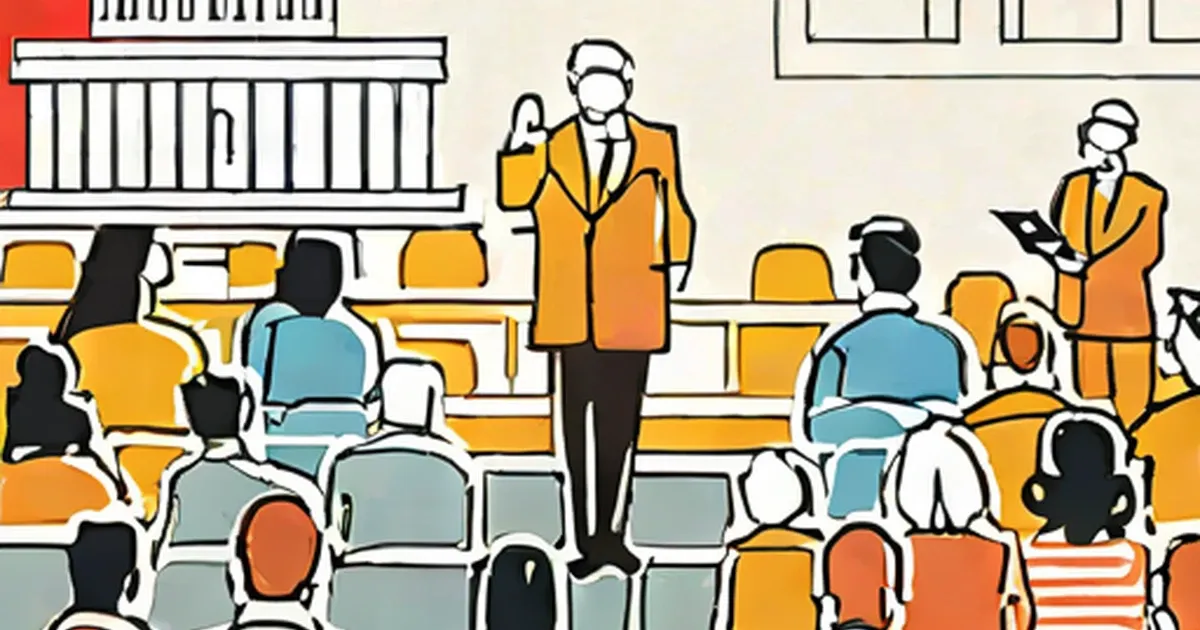 Legislative chamber with diverse representatives in colored seating sections