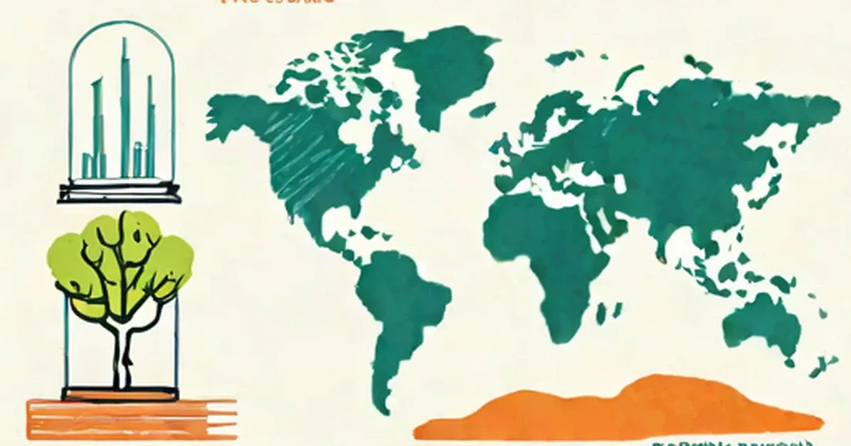 Factory smokestacks and tree beside world map with orange heat