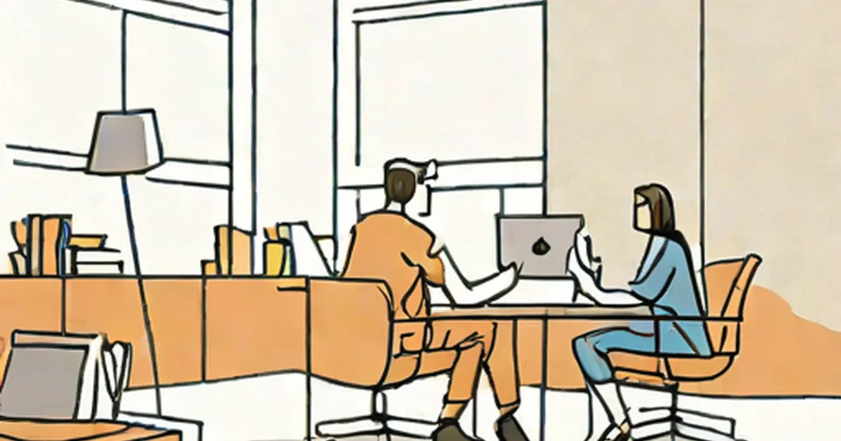 Two office workers collaborate at a modern desk in a bright workplace