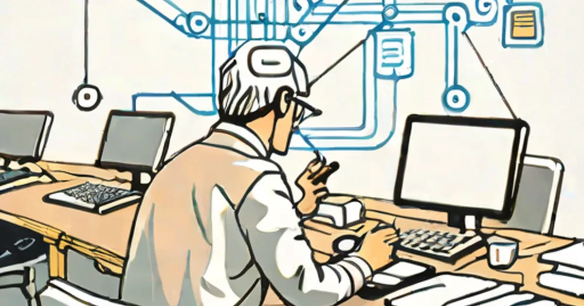 Person working at desk with multiple monitors, laptops, and connected devices