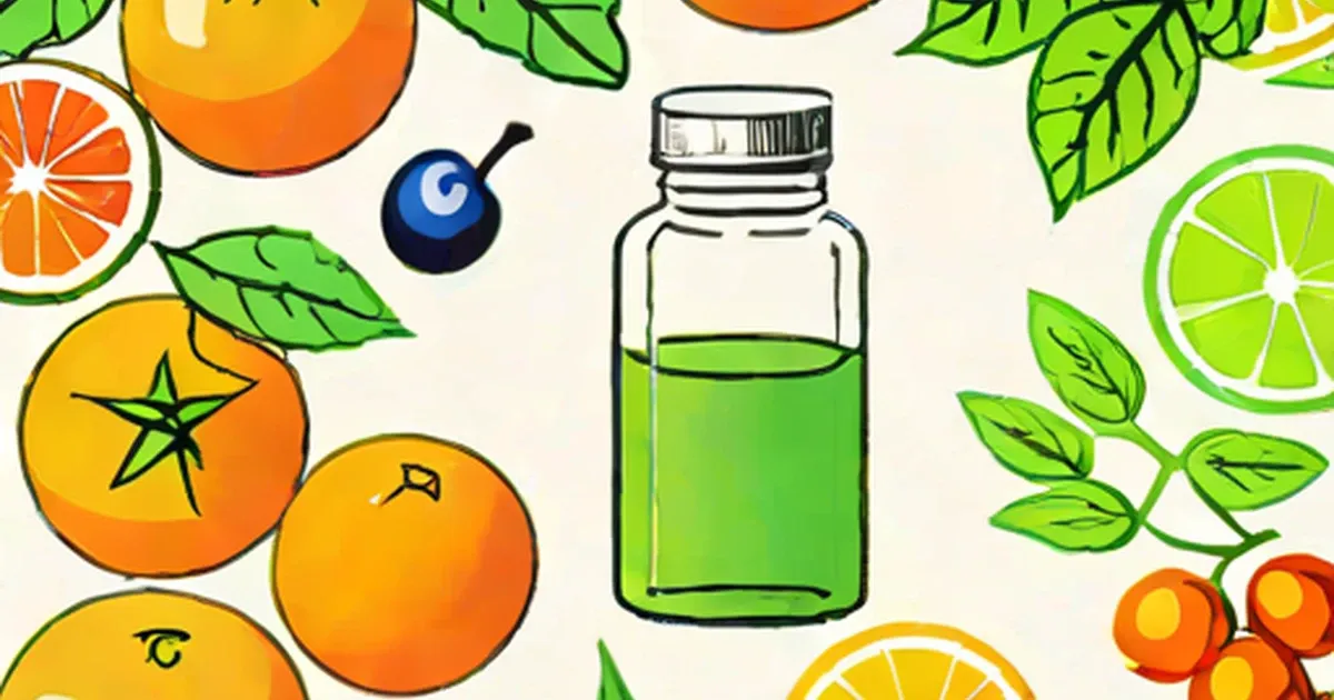 Oranges, lemons, limes, and leafy greens arranged around a bottle of green juice