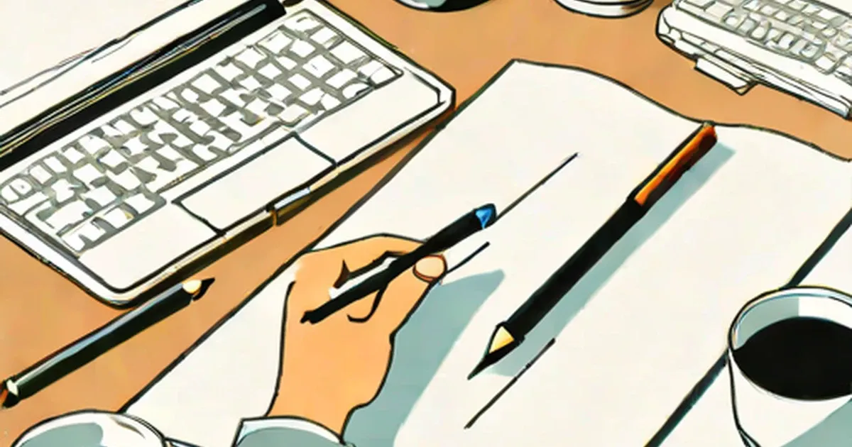 Hand writing with pen on paper at a desk with keyboard and coffee