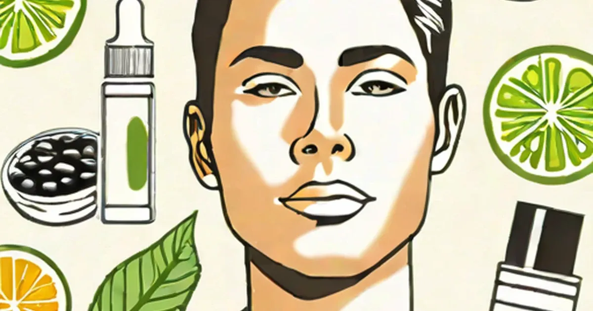 Illustrated face with magnesium serum, supplements, citrus slices, and green leaves