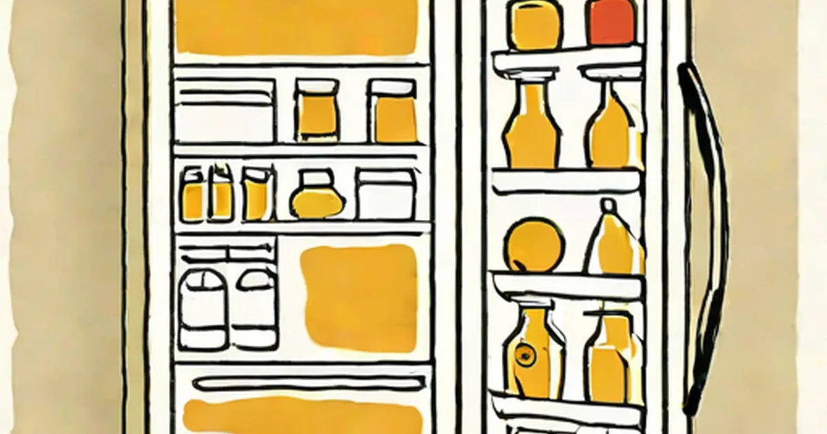 Illustrated refrigerator with open door displaying shelves of groceries