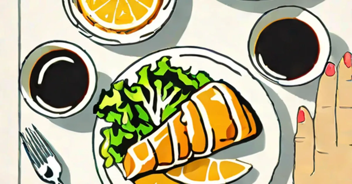 Carrots, lettuce, and orange slices arranged with two dark beverages and a fork