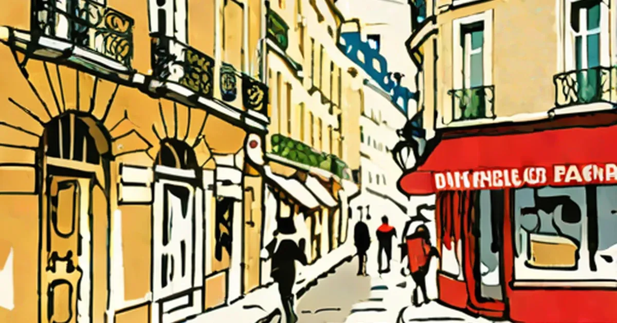 Parisian street illustration with cream-colored Haussmann buildings and a red storefront