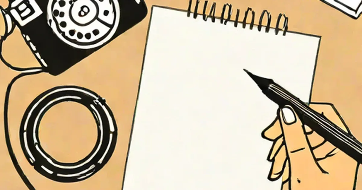 Rotary telephone beside a spiral notebook with a hand holding a pen