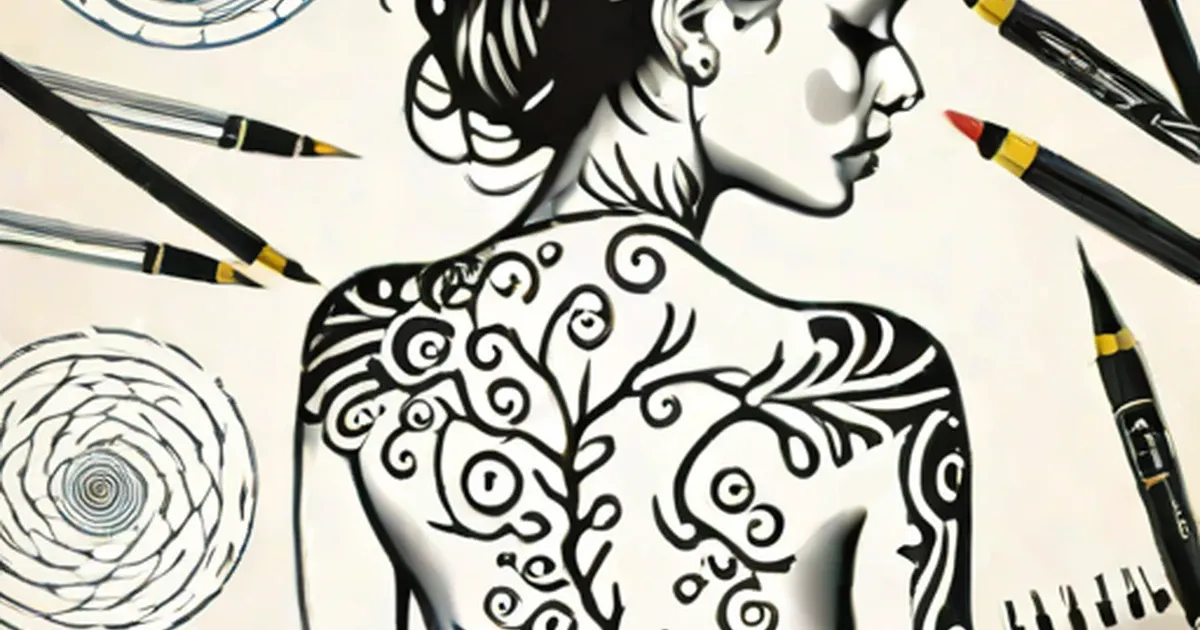 Back view of person with elaborate scrolling tattoo designs