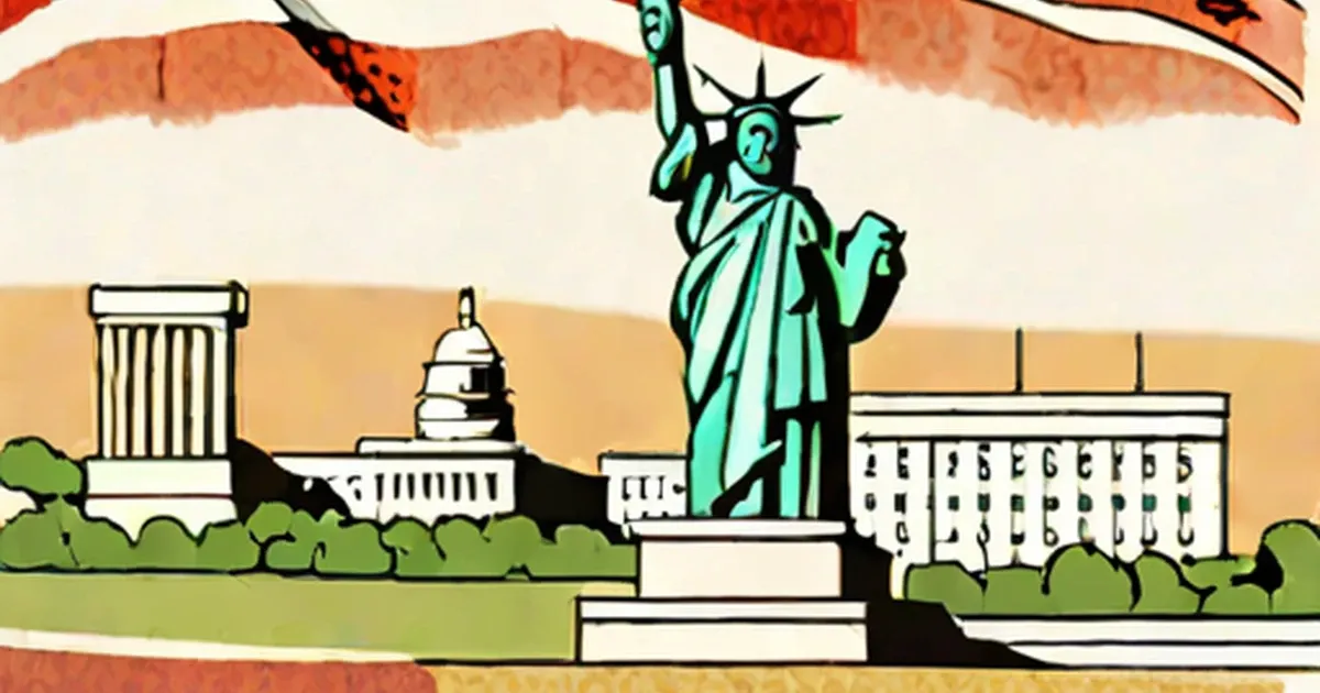 Stylized skyline featuring Statue of Liberty, Capitol Building, and White House