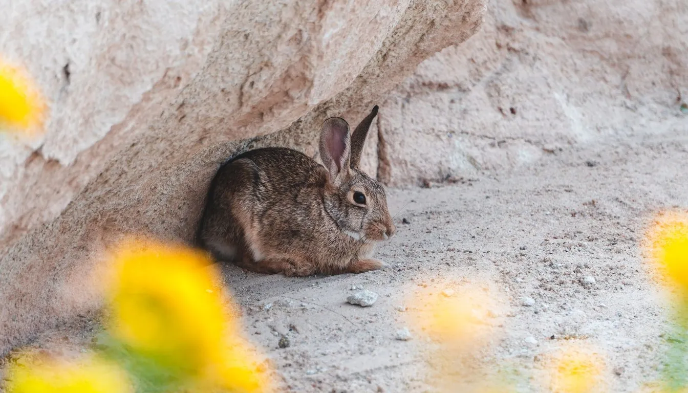 A wild rabbit sheltering beneath a rock ledge