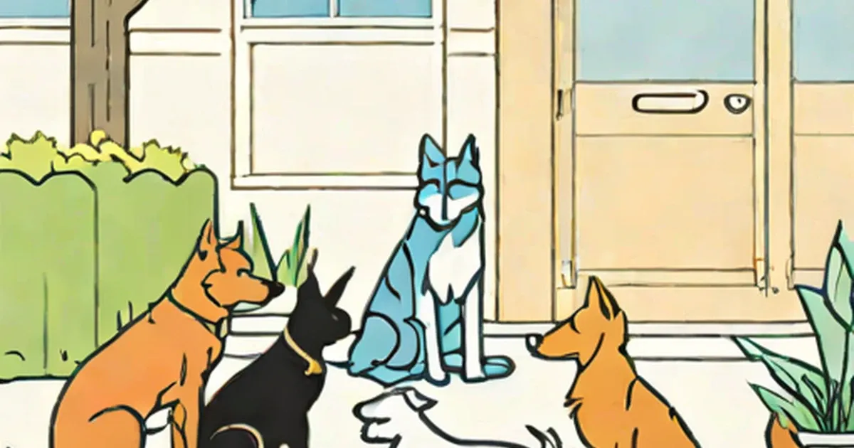 Group of cartoon dogs and cats sitting outside a house