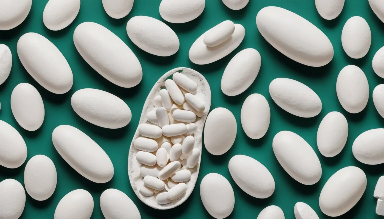 An arrangement of different magnesium supplement capsules and tablets grouped by type