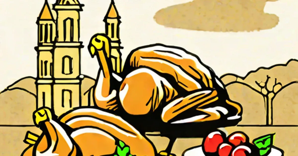 Illustrated figure holding a turkey above a bowl of pomegranates with minarets in background
