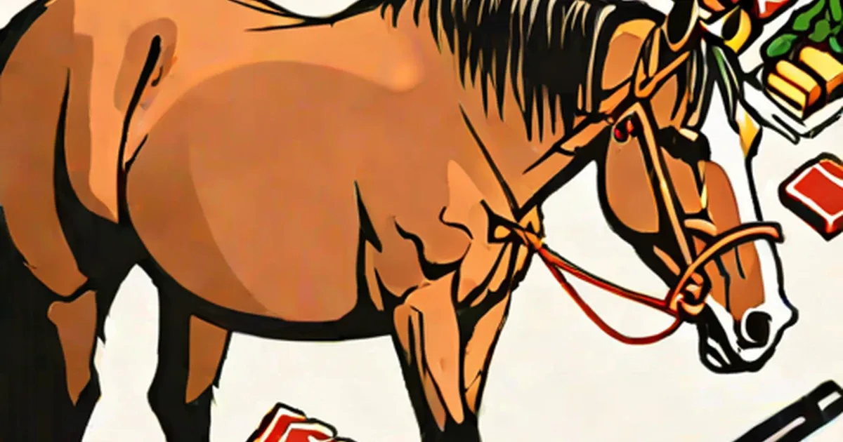 Illustrated brown horse wearing a red halter