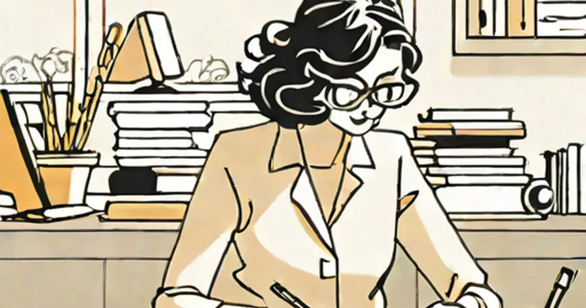 Woman in tan blazer and glasses seated at office desk with books