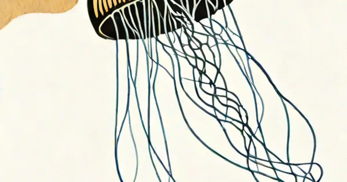 Box jellyfish with cubic bell and trailing tentacles in blue and black