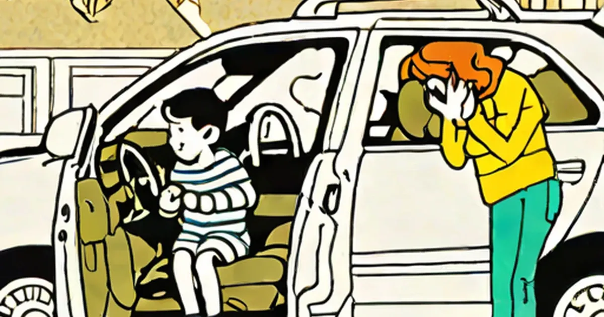 Child at the steering wheel of a parked car with an adult watching from outside
