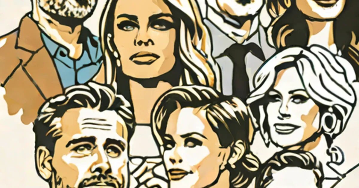 Pop-art illustration of celebrity faces with bold outlines and limited colors