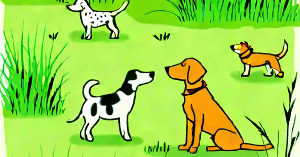 Four cartoon dogs standing in a bright green grassy field