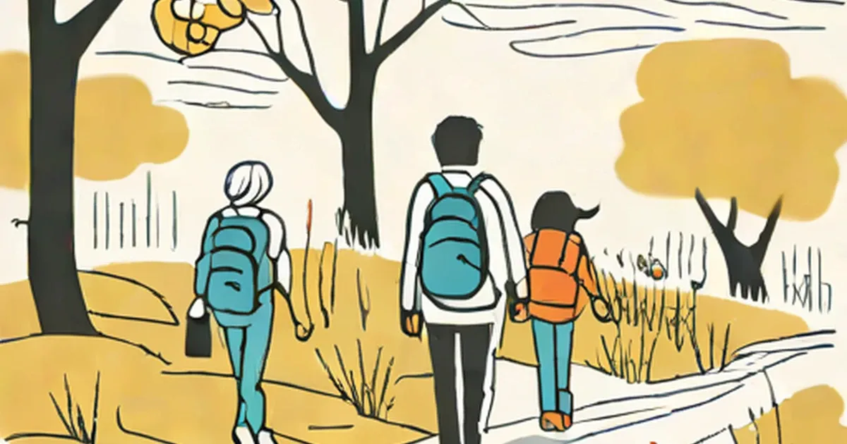 Three people hiking with backpacks on a sunlit forest path
